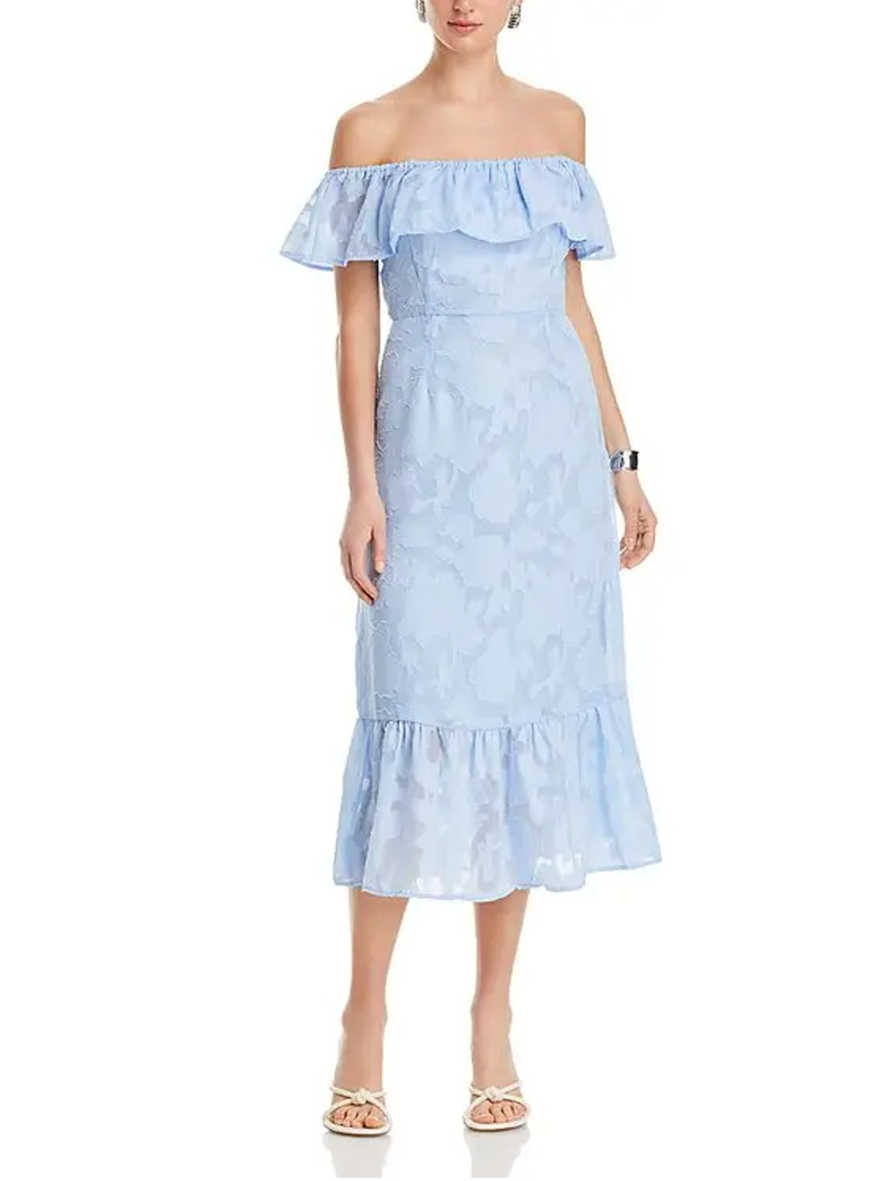 KOKO + MASON WOMENS SIZE MEDIUM OFF SHLDR JACQUARD LINED MIDI DRESS BLUE NEW